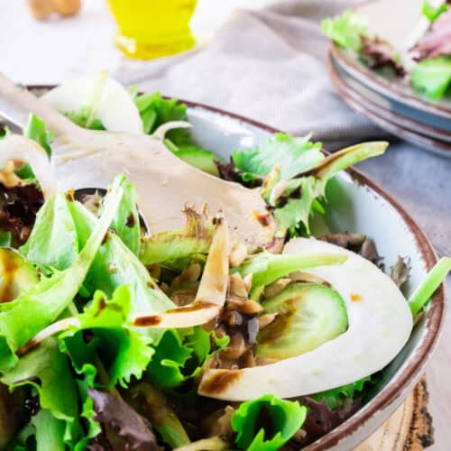 Fennel and Cucumber Salad with a Blackcurrant Vinaigrette in a Bowl.