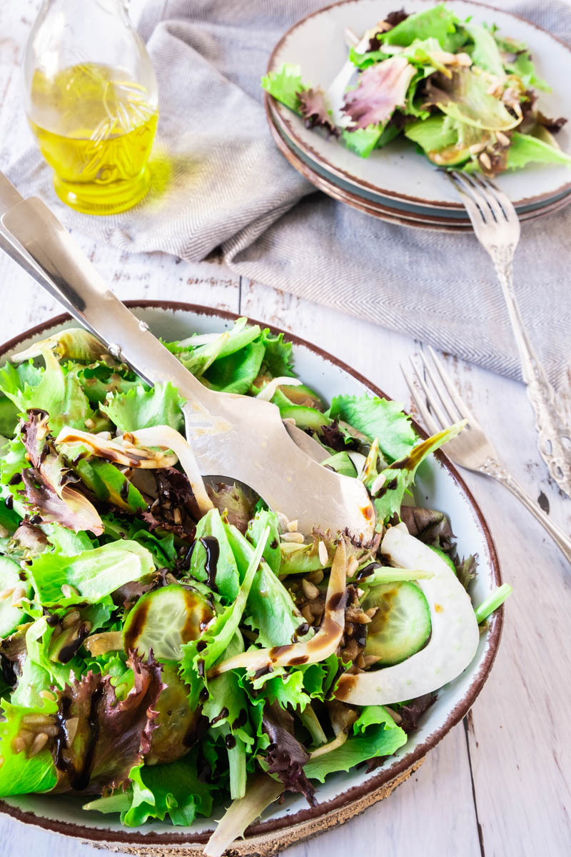 Fennel and Cucumber Salad with a Blackcurrant Vinaigrette in a Bowl.