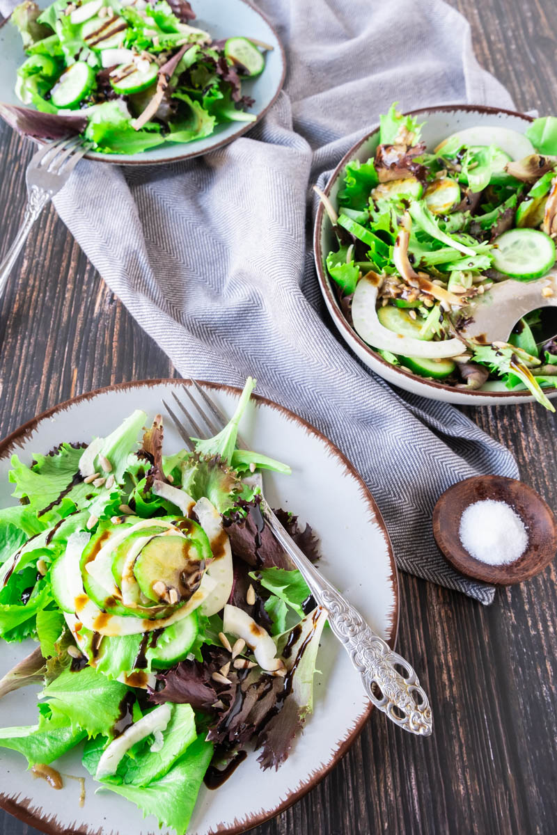 Fennel and Cucumber Salad with a Blackcurrant Vinaigrette in 3 Bowls.