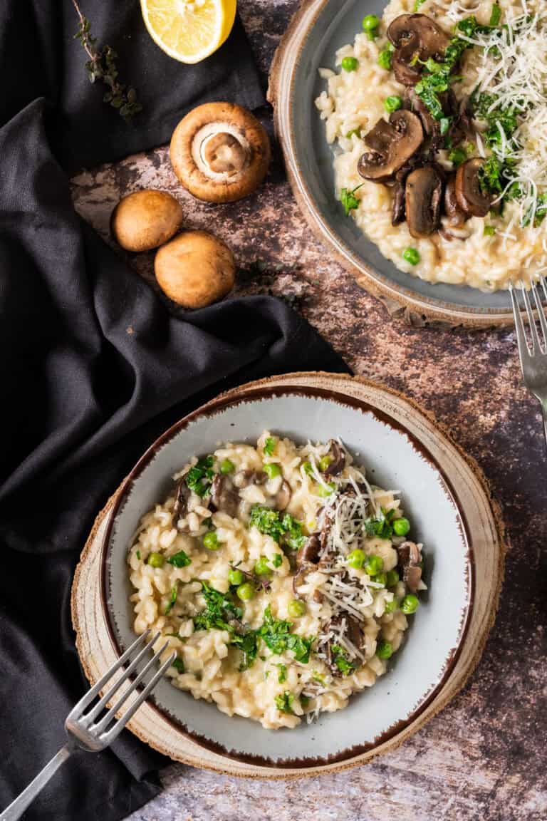lamb broth mushroom risotto in bowls