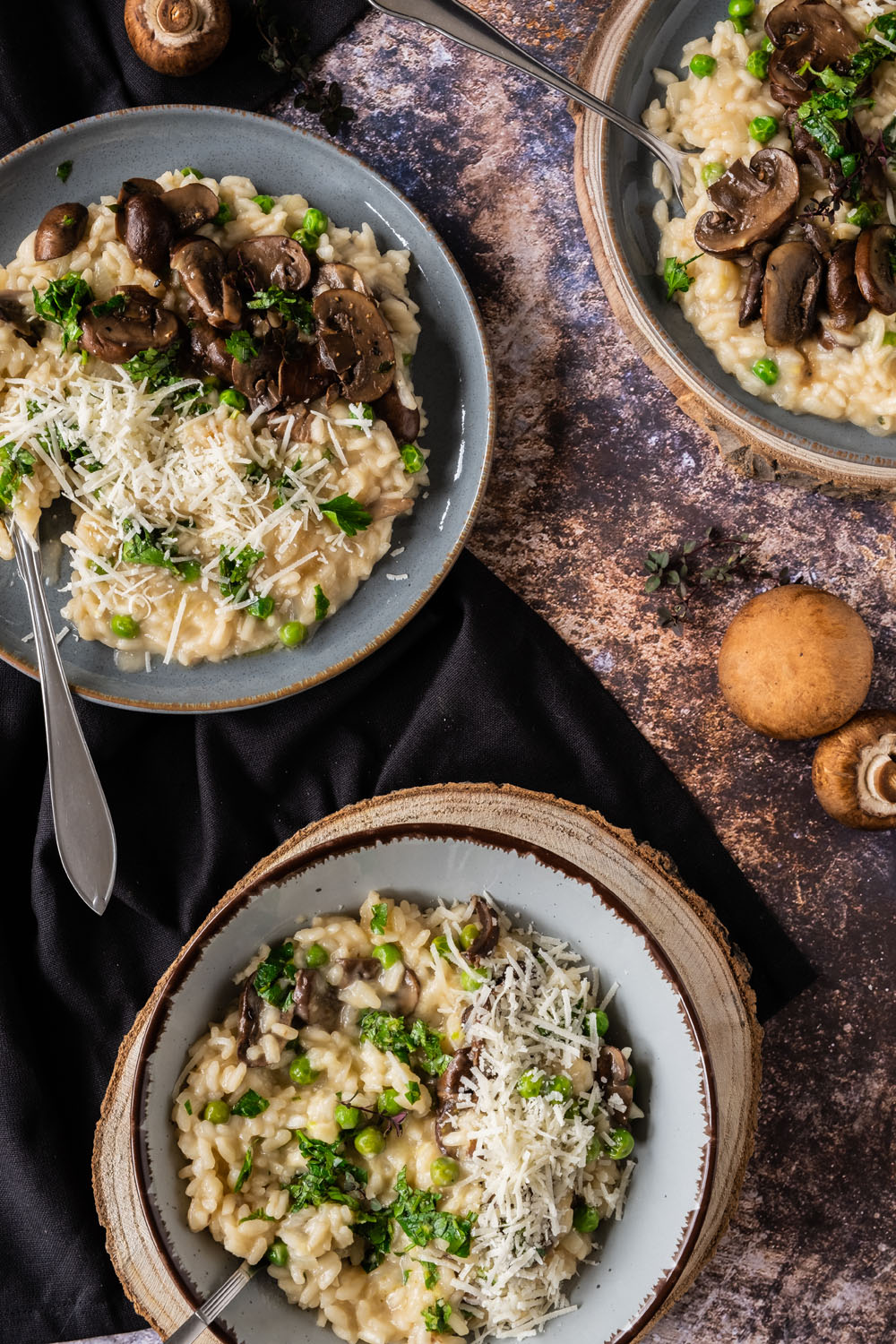 Mushroom and Pea Lamb Broth Risotto with Gremolata