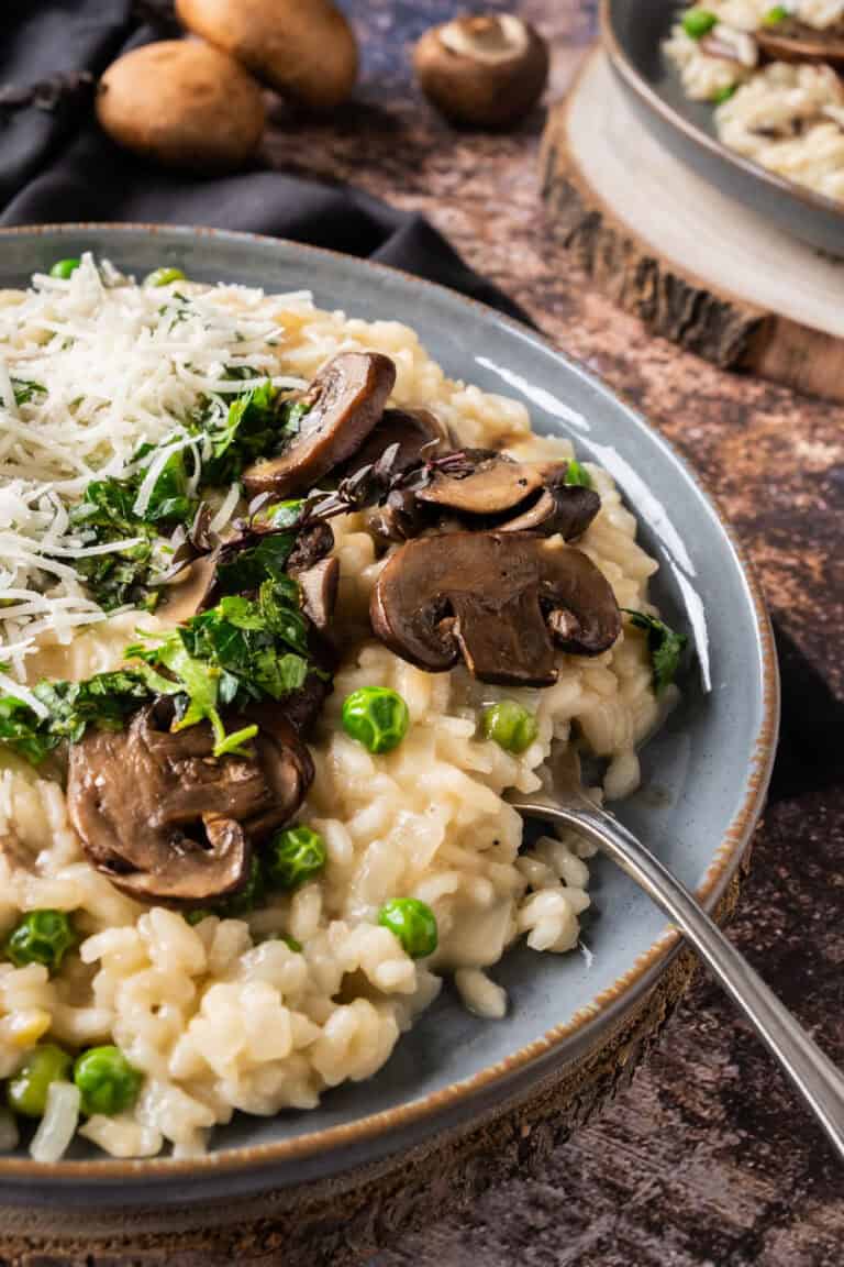 Mushroom and Pea Lamb Broth Risotto with Gremolata