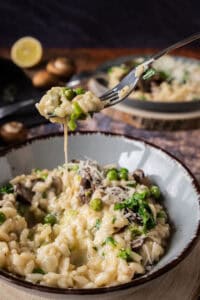 lamb broth mushroom risotto on fork