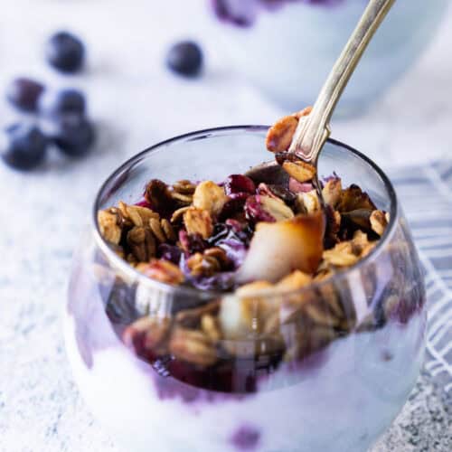 Yogurt with blueberry compote and granola in glass.
