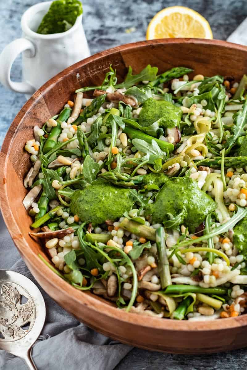 mushroom asparagus couscous salad in bowl