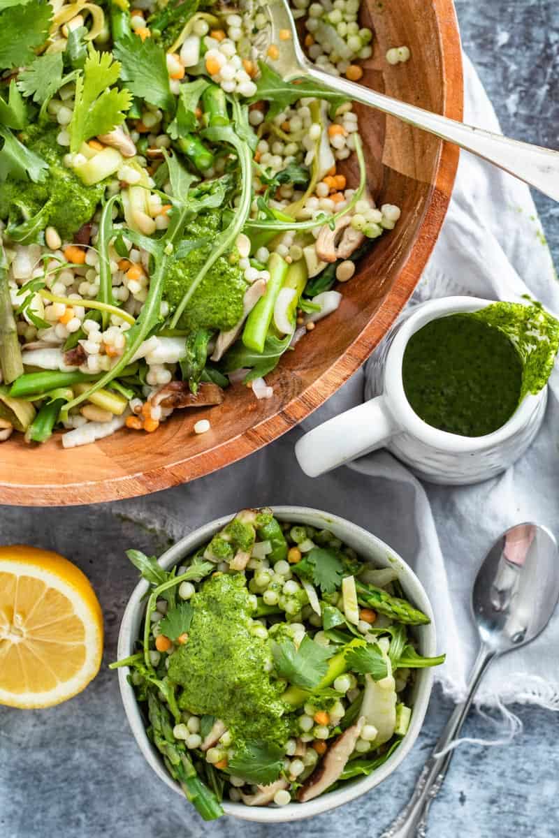 Asparagus and Mushroom Pearl Couscous Salad with Zhoug Dressing
