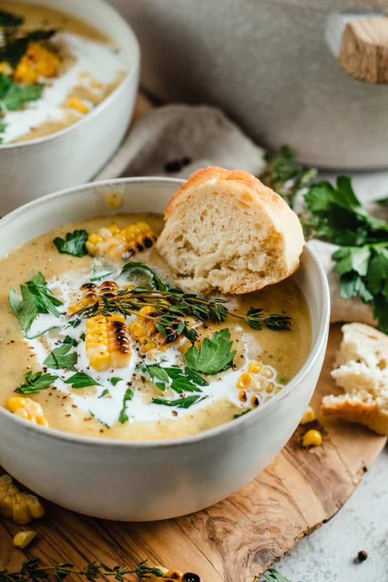 leek, corn, potato soup in bowl