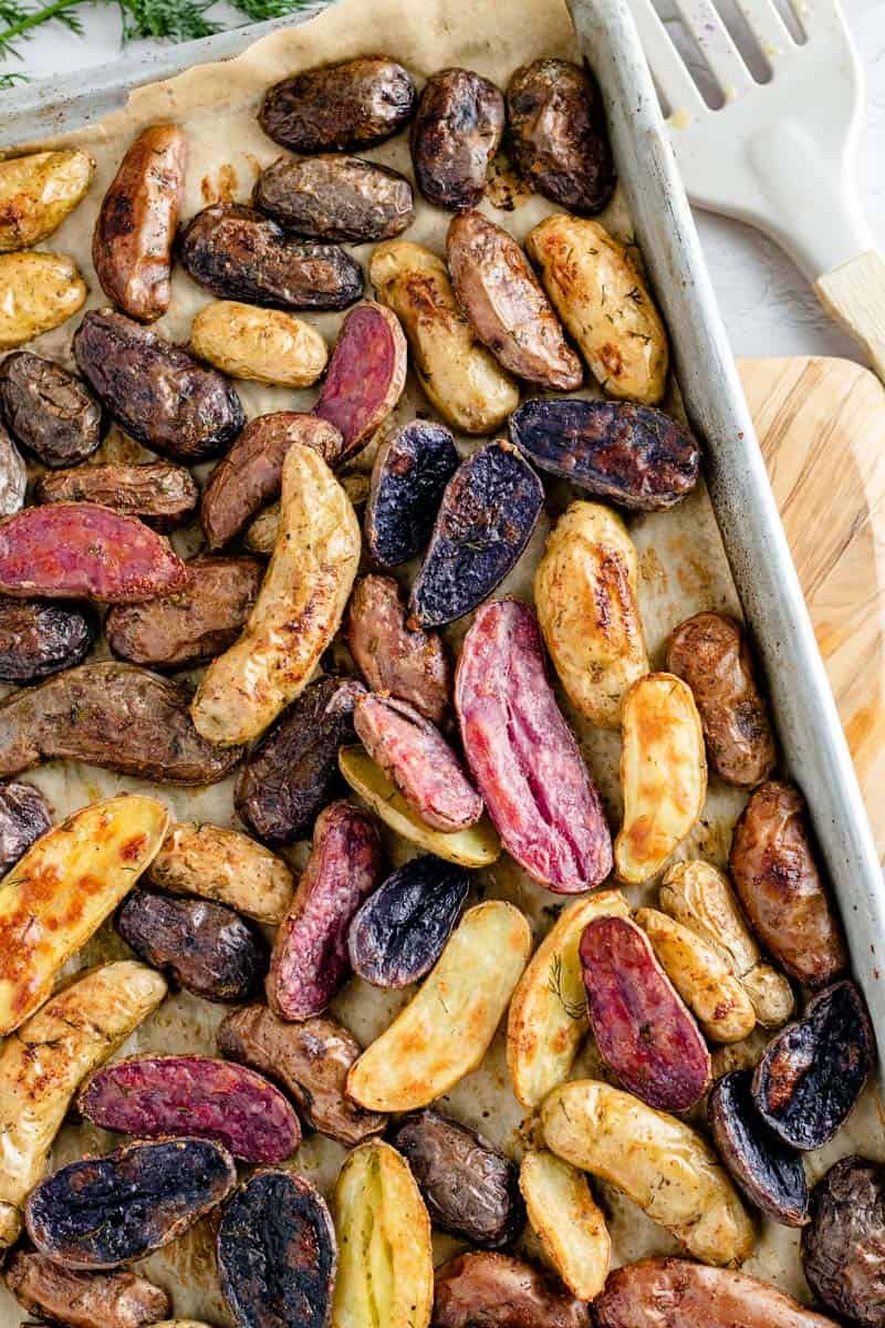 roasted fingerling potatoes on baking sheet