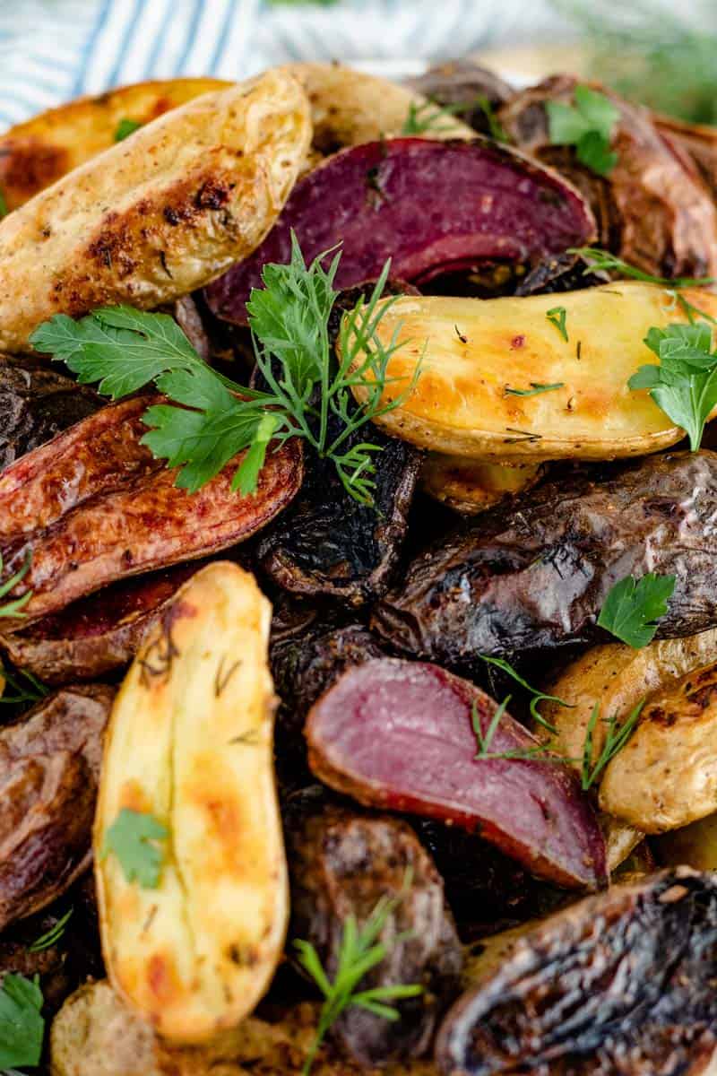 roasted fingerling potatoes on baking sheet