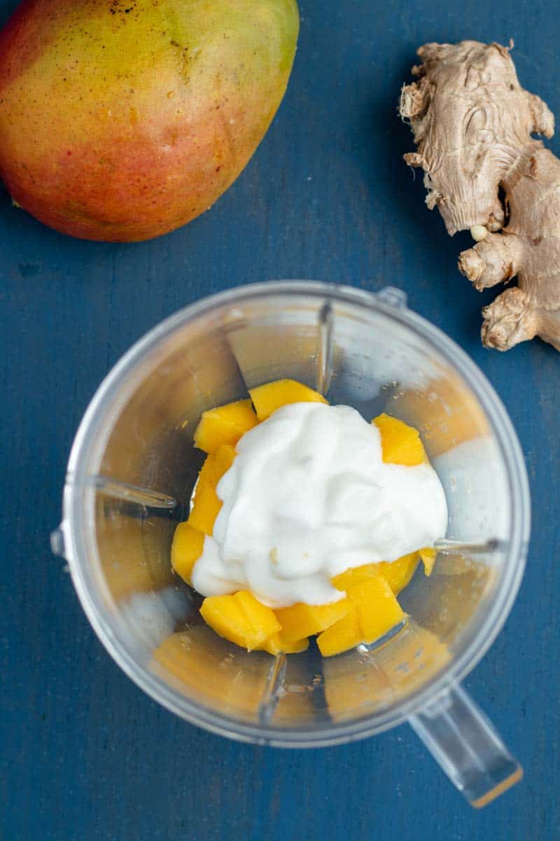 mango habanero sauce ingredients in a food processor