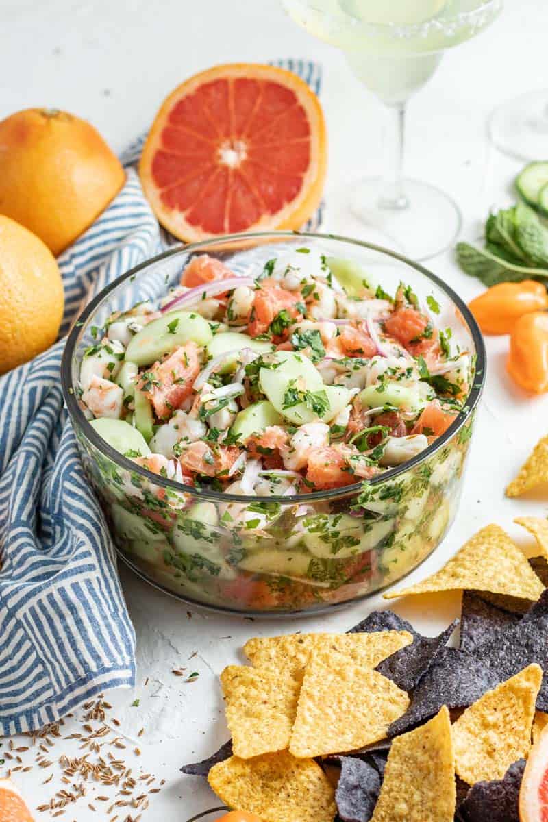 shrimp ceviche in bowl with tortilla chips