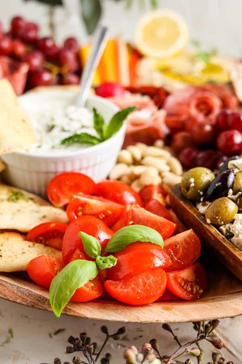 seasoned tomatoes on a mezze platter
