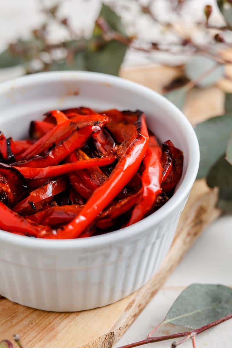 roasted red peppers in a bowl