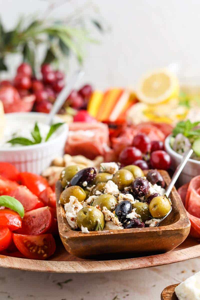 mezze platter including greek olives and feta cheese