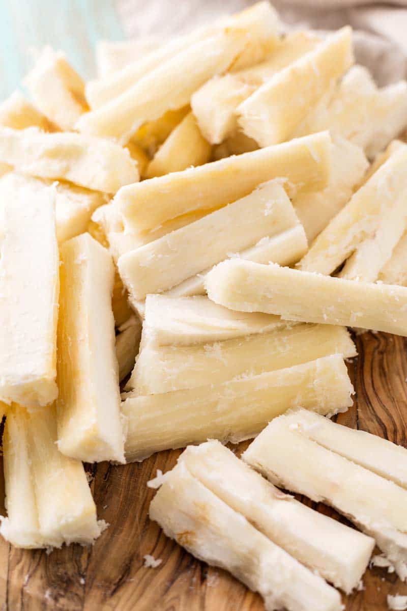 yuca fries cut on cutting board
