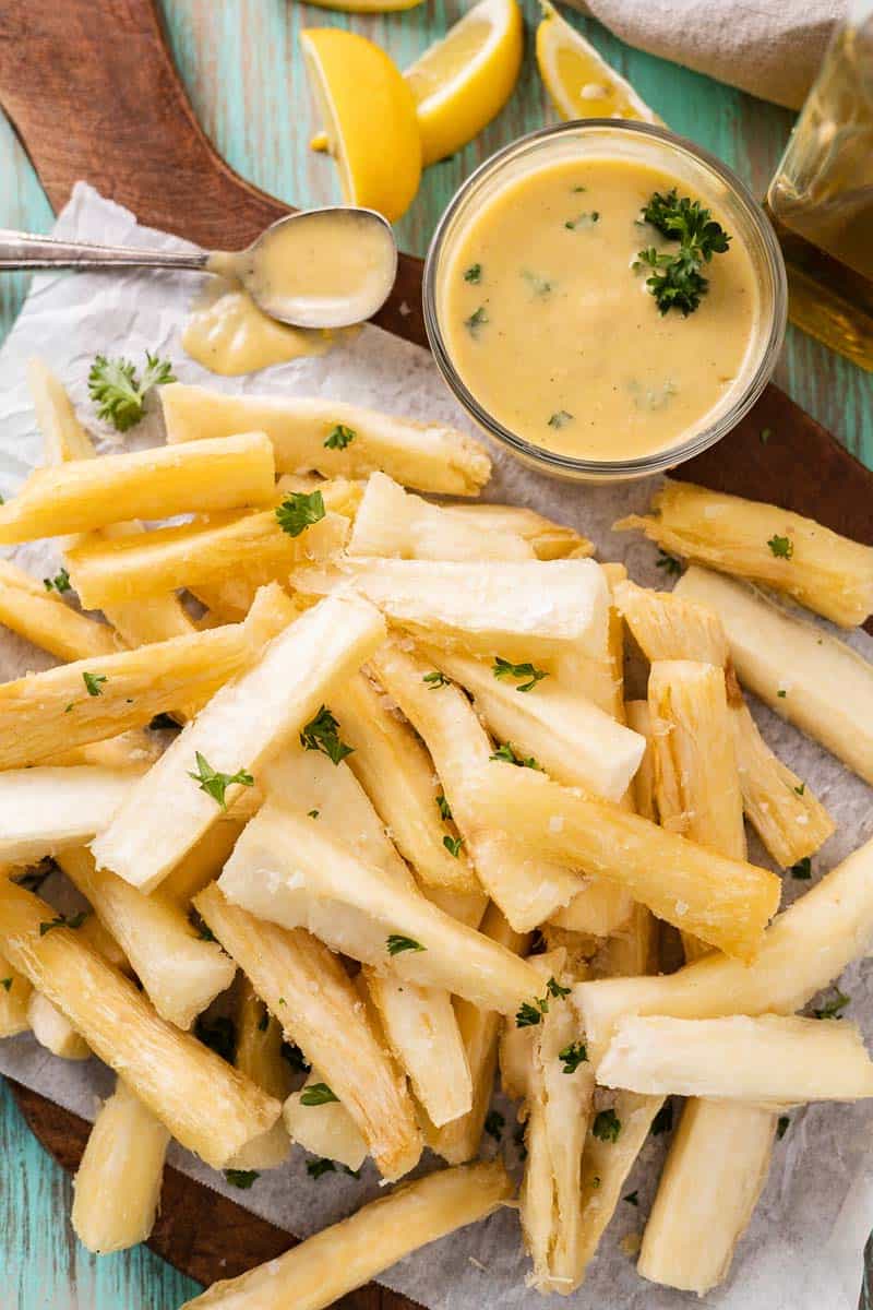 yuca fries on a serving board